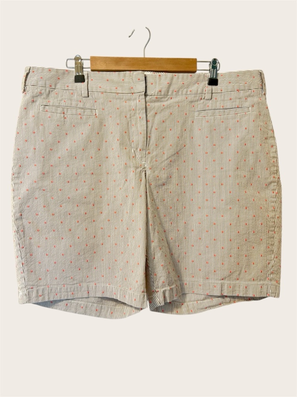 Lands End Bermuda Shorts Seersucker Tan White Stripe Orange Dot Stretch size 18W